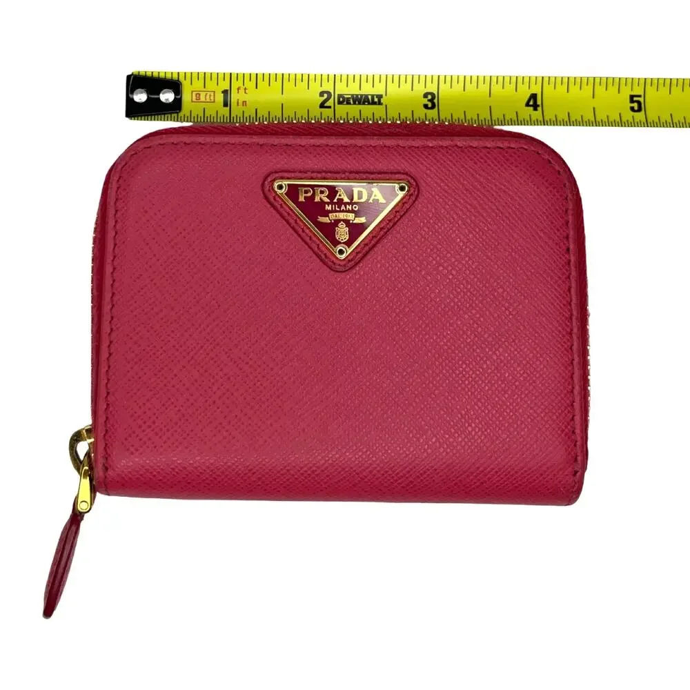 Prada Saffiano Leather Zip Coin Purse Compact Wallet Pink Gold Logo Italy Small